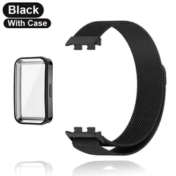 Premium Metal Strap with TPU Case & Screen Protector - Soft Milanese Magnetic Loop Replacement Band - Honor Band 9 (Black Case and Band)