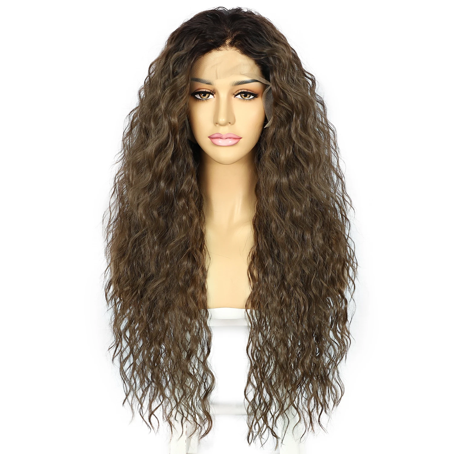 2023 Autumn Synthetic 13x3 Lace Front Wig Ombre Roots Brown Kinky Curly Wig Soft Transparent Lace Front Wig for Women Daily