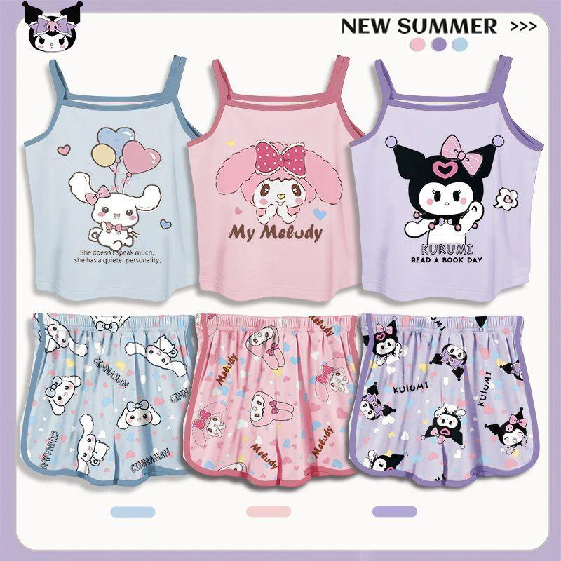 

Pure Cotton Sanrio Girls' Sling Set Comfortable Pajamas Summer Thin Style Fashion Kawaii Cinnamoroll Kuromi Home Furnishings