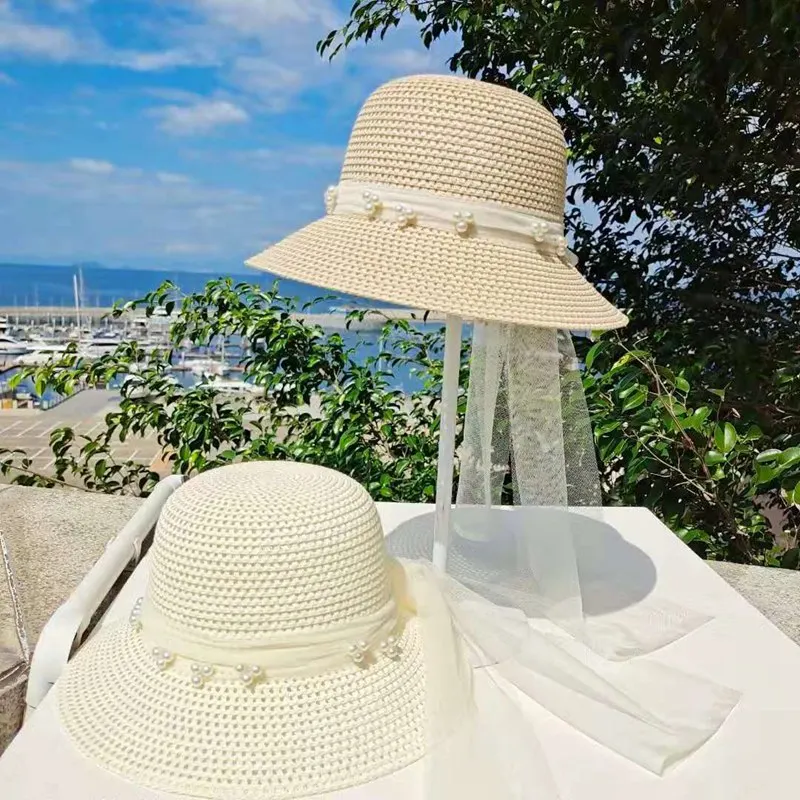 

Pearl Mesh Foldable Sun Protection Women Straw Hat Spring Summer Shade Korean Version Fashion Beach Hat Women Cap