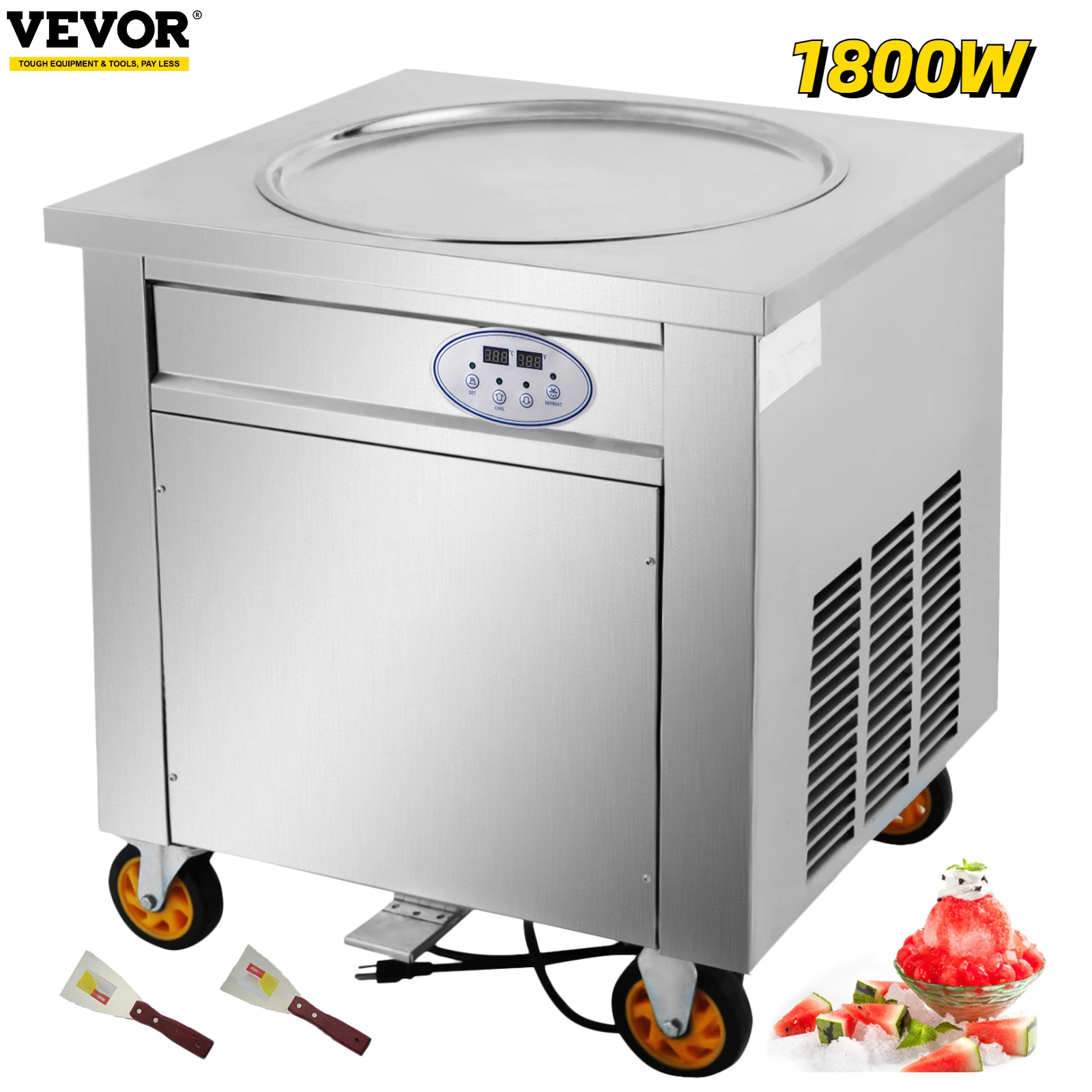 VEVOR Commercial Fried Ice Cream Machine 50cm Single Pan 1800W Stainless Steel Temperature Control Home Ice Cream Porridge Maker