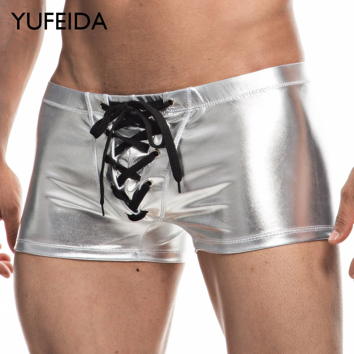 

Шорты YUFEIDA сексуальные мужские трусы-боксеры, фетиш, нижнее белье, трусики для мужчин, экзотические бандажные металлические боксеры, костюмы для выступлений на сцене