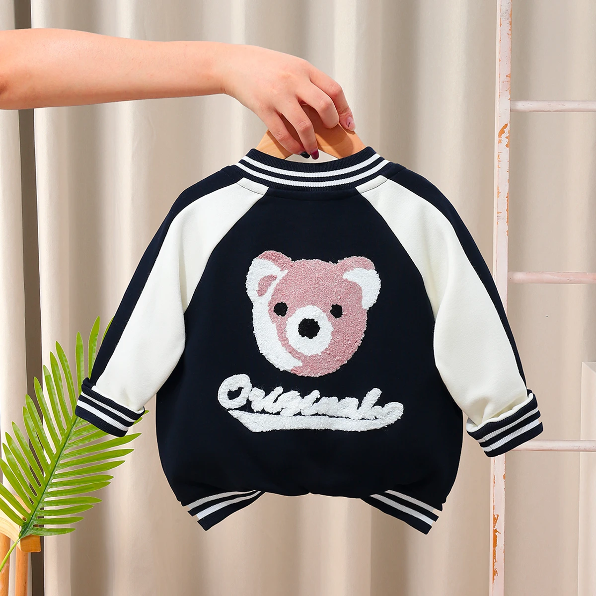 Boys Casual Bear Letter Embroidery Color Block Button-Up Baseball Jacket Children's Fashion Outerwear - 2