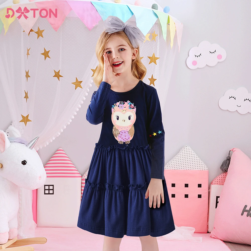 

DXTON Kids Cotton Dresses Children Long Sleeve Owl Animal Cartoon Appliqued Dress Girl Casual School Vestidos Kids Clothing