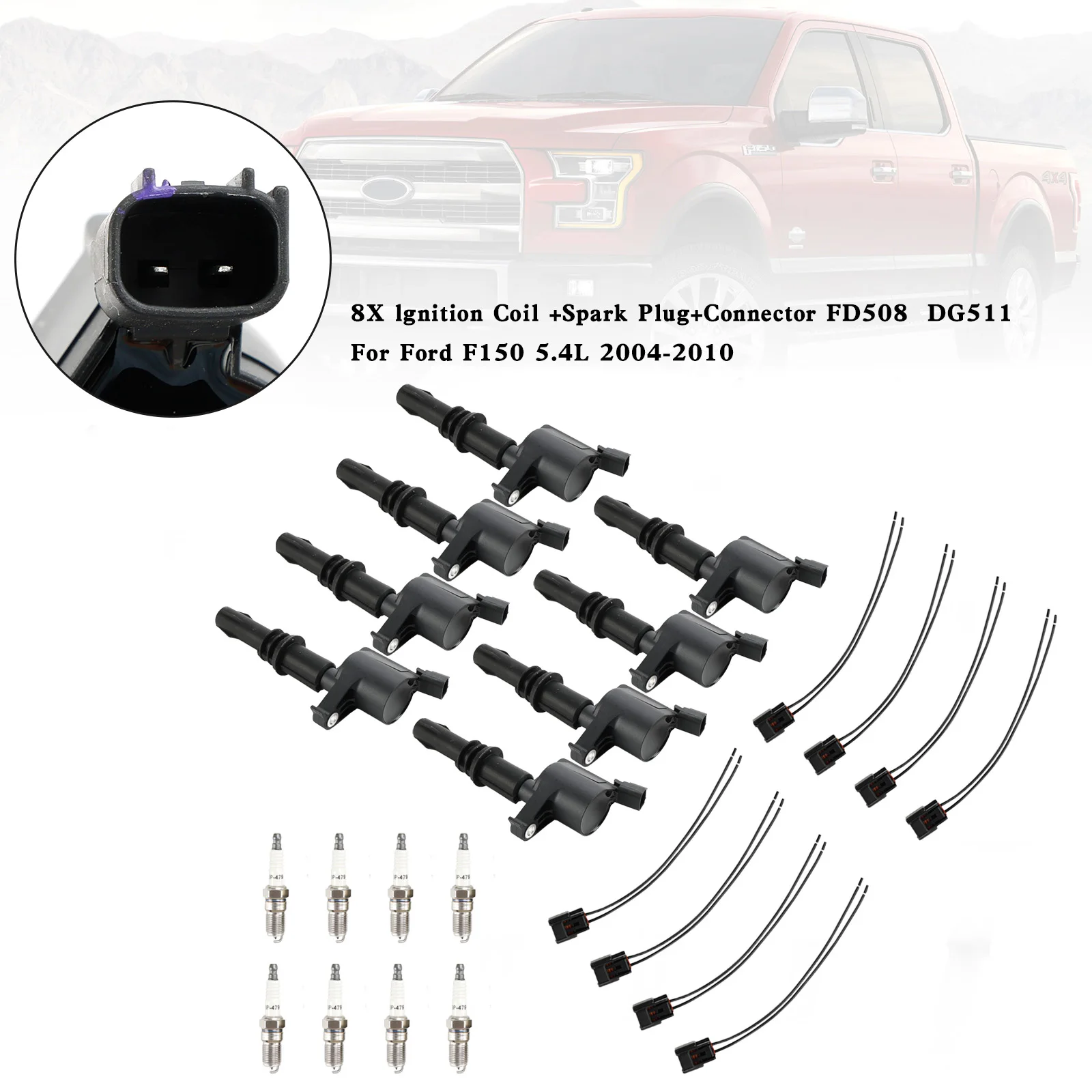 

Areyourshop 8X lgnition Coil +Spark Plug+Connector FD508 DG511 For Ford F150 5.4L 2004-2010