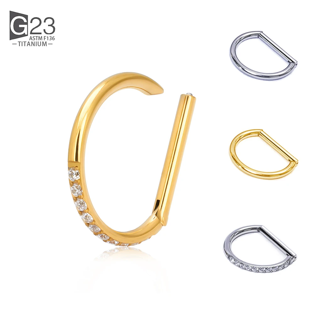 10Pcs ASTM F136 Titanium Piercing  Nose Ring Jewelry 16G Nose Ring Half Ring CZ Paved D Shape Segment Ring Clicke Cartilage