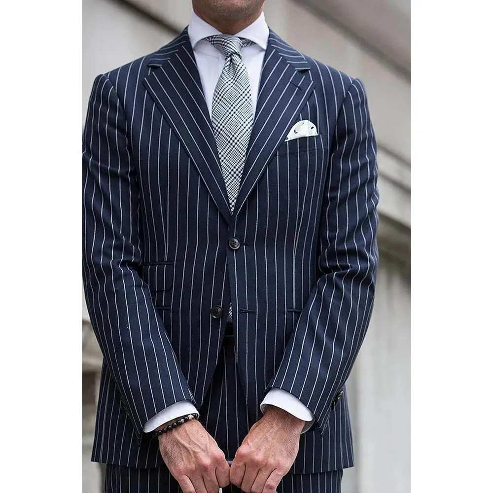 Men Suits 2 Piece Striped Notch Lapel Single Breasted Blazer with Pants Business Casual