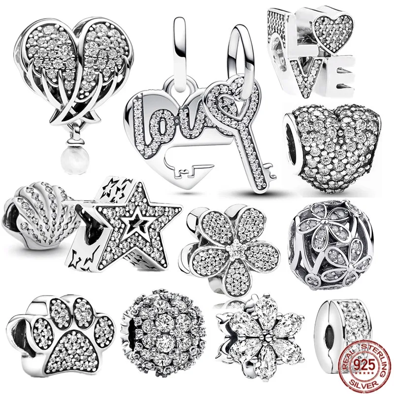 

Sparkling Clear Paw Print & Flower Wing Charm Bead 925 Sterling Silver Jewelry Fit Original Pandora Bracelet Necklace Women Gift