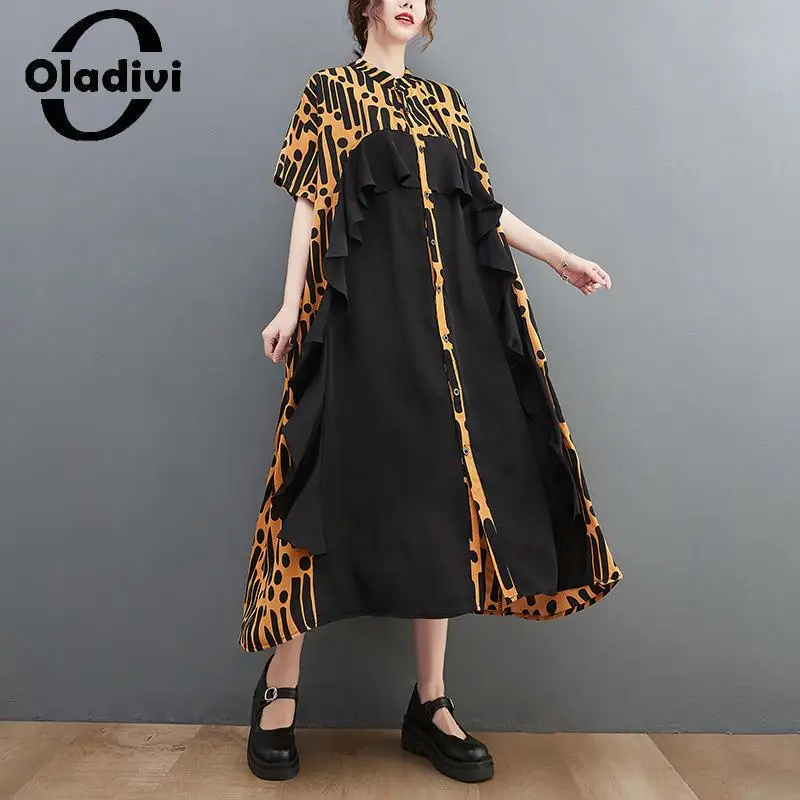 

Oladivi Large Size Women Short Sleeve Ruffle Dress 2023 Summer New Casual Loose Midi Dresses Female Oversized Clothing 7XL 3282