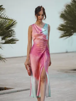 HH Female New Chic Elegant Satin Print Tie Dye Midi Dress Woman Fashion Evening Sleeveless Hem Folds Dresses Vestidos