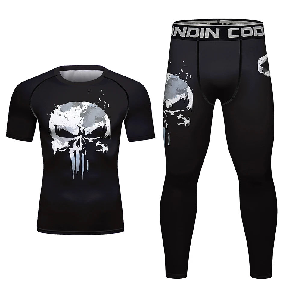 Skull Rashguard For Men Jiu Jitsu MMA T-shirt+Pant Set Brazilian Grappling Bjj Boxing Rash Guard MMA Shorts Boxeo Fight Jerseys sports apparel mens t shirt