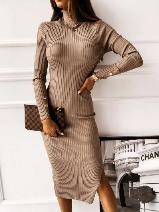 

Autumn/Winter New Button Decoration Open Back Long Sleeve Solid Color Dress