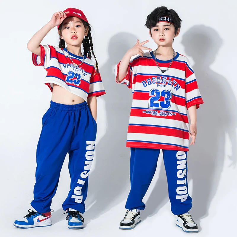 

Pants For Girls Boys Jazz Stage Dance Costumes Kids Kpop Hip Hop Show Dancing Clothing Stripe Tshirt Tops Tee Streetwear Jogger