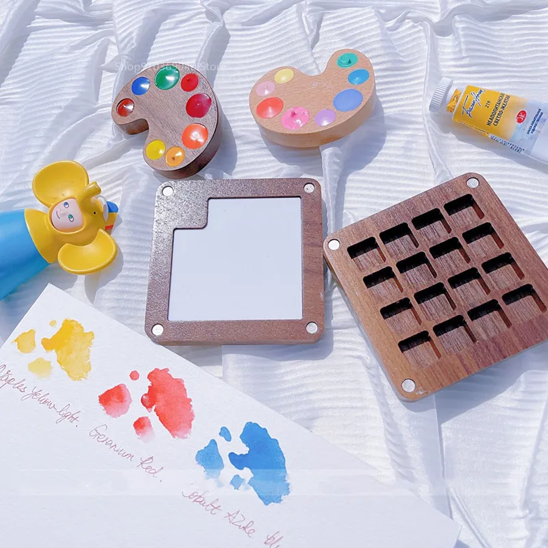 Empty Watercolor Palette Ins Wind Watercolor Travel Portable Mini Paint Box Color Matching Magnetic Wooden Box Painting Supplies