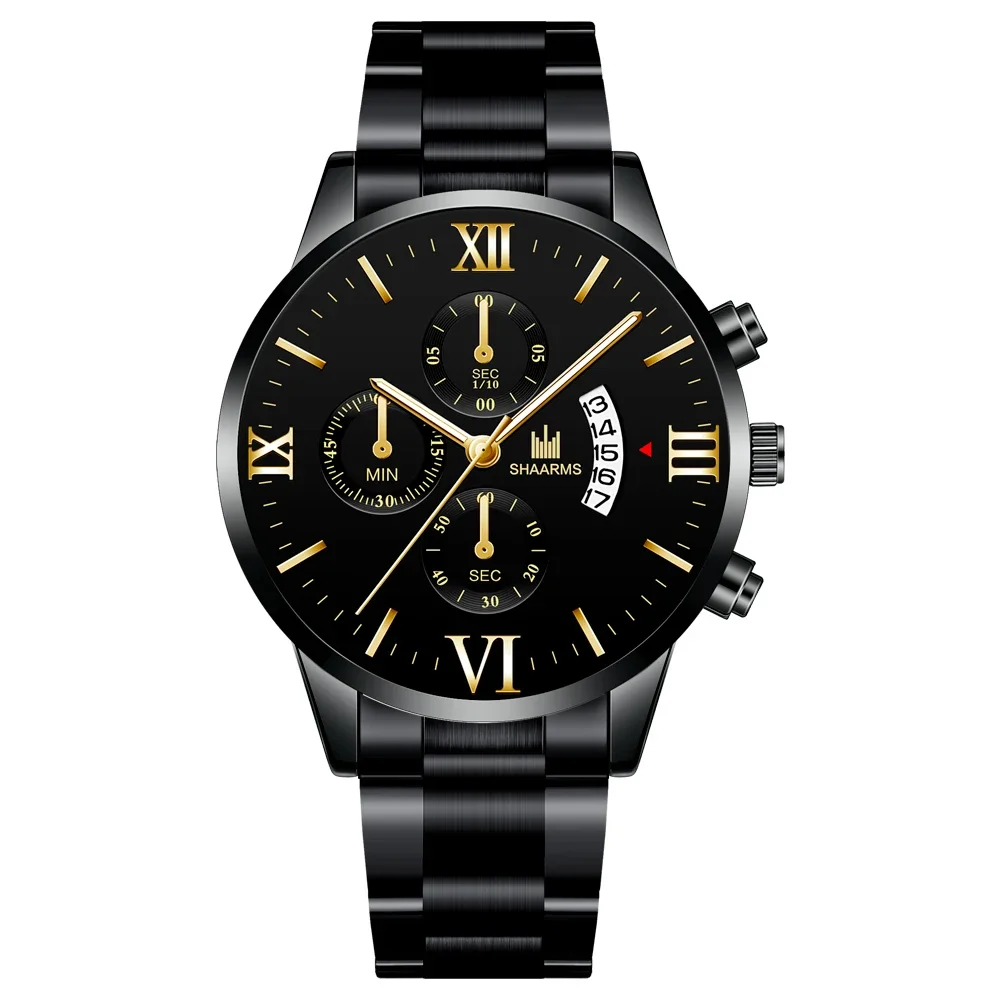 Luxury Men's Quartz Watch Men's Stainless Steel Gold Black Calendar Date Watch Male Clock Relogio
