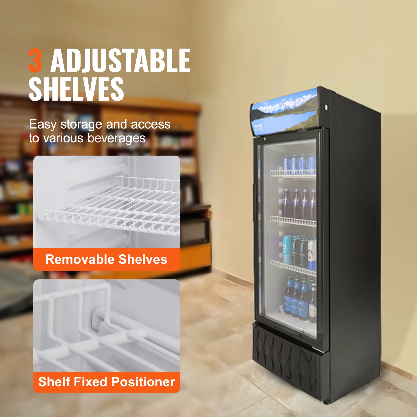 VEVOR Commercial Refrigerator,195L 275L 345L 420L Beverage Refrigerator Cooler, Glass Door Display Refrigerator Upright Fridge