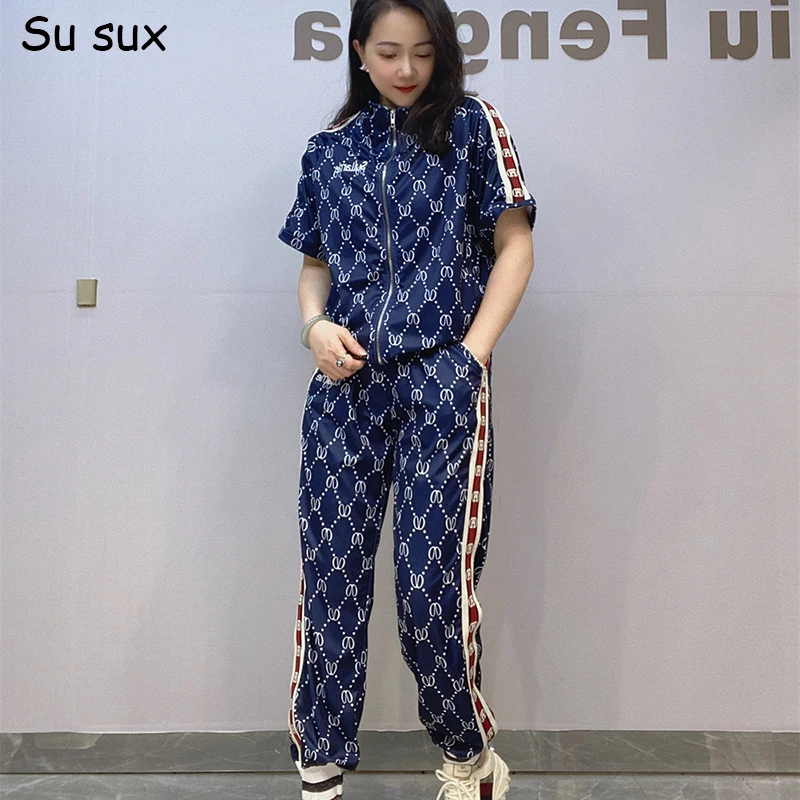 

Casual Print Pants Sets For Women 2 Pieces 2024 Summer Sportwear Tracksuit Zipper Short Sleeve Tops Matching Sets Streetwear