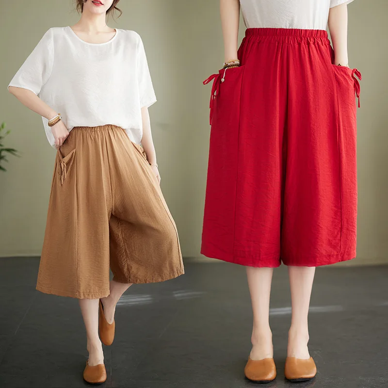 2023 Summer Women's Clothing Fashion Cotton Hemp Casual Wide Capris Inch Large Loose Solid Color Fashion Trend Slim Pants