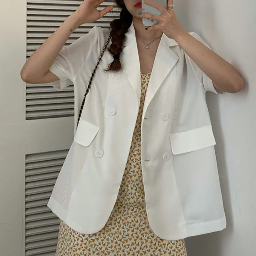 

Female Tops Blazers Button Closure Lapel Loose Short Sleeve Single Breasted Turndown Collar Casual Daily Leisure