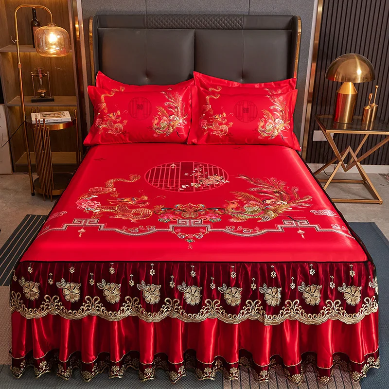 LuxuryRedWeddingLaceBedSkirtIceSoftMatChineseStyleBedspread