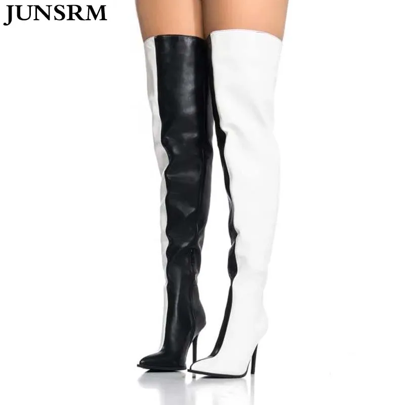 

Black White Patchwork Over The Knee Boot Fashion Pointed Toe Stiletto heel Side Zip Thigh High Boot Runway Shoe Zapatos De Mujer