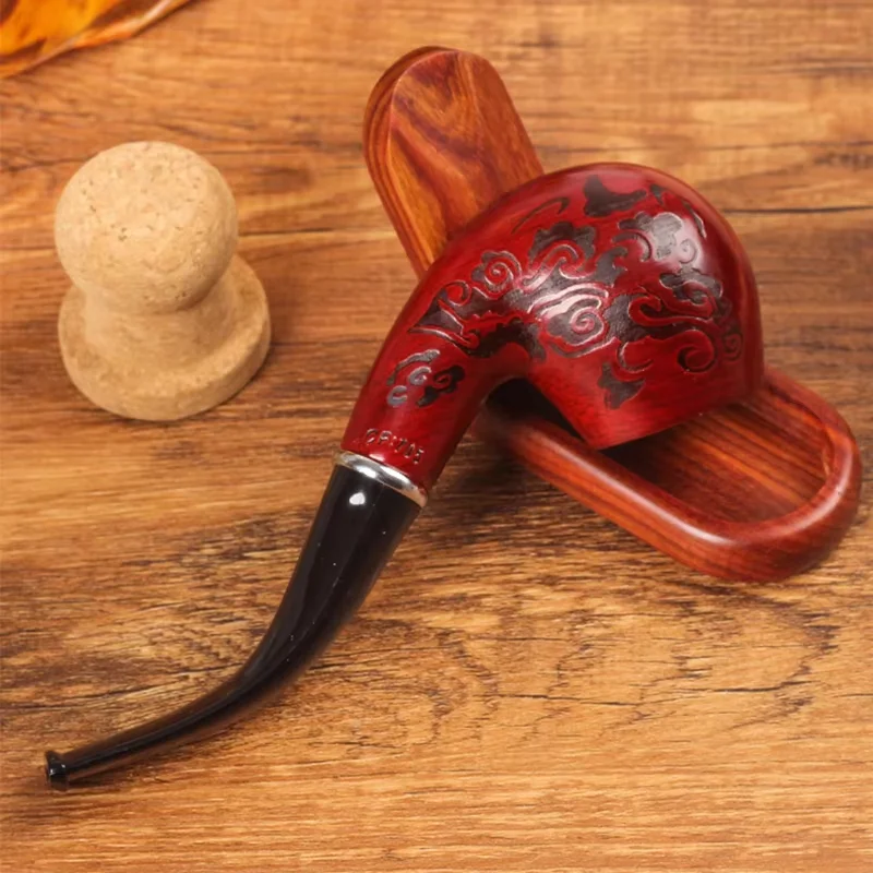 solid wood tobacco pipe Handmade 14.5cm Length Classic Bent Wooden Smoking Pipe With Carve Pattern smoking Tobacco Dry Herb Pipe 6