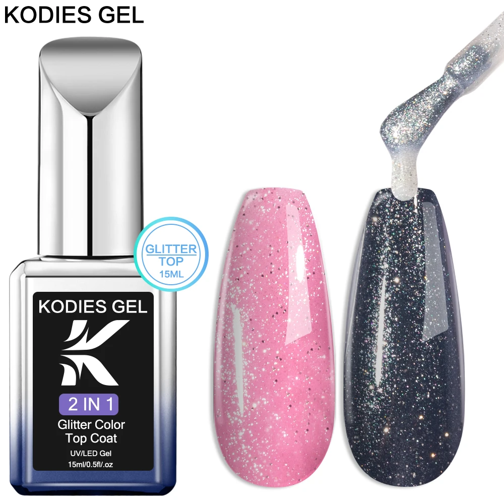 

KODIES GEL Glitter Gel Top Coat No Wipe Gel Nail Polish 15ML Clear Sliver Gel Polish Semi Permanent UV Soak Off Nails Finish Top