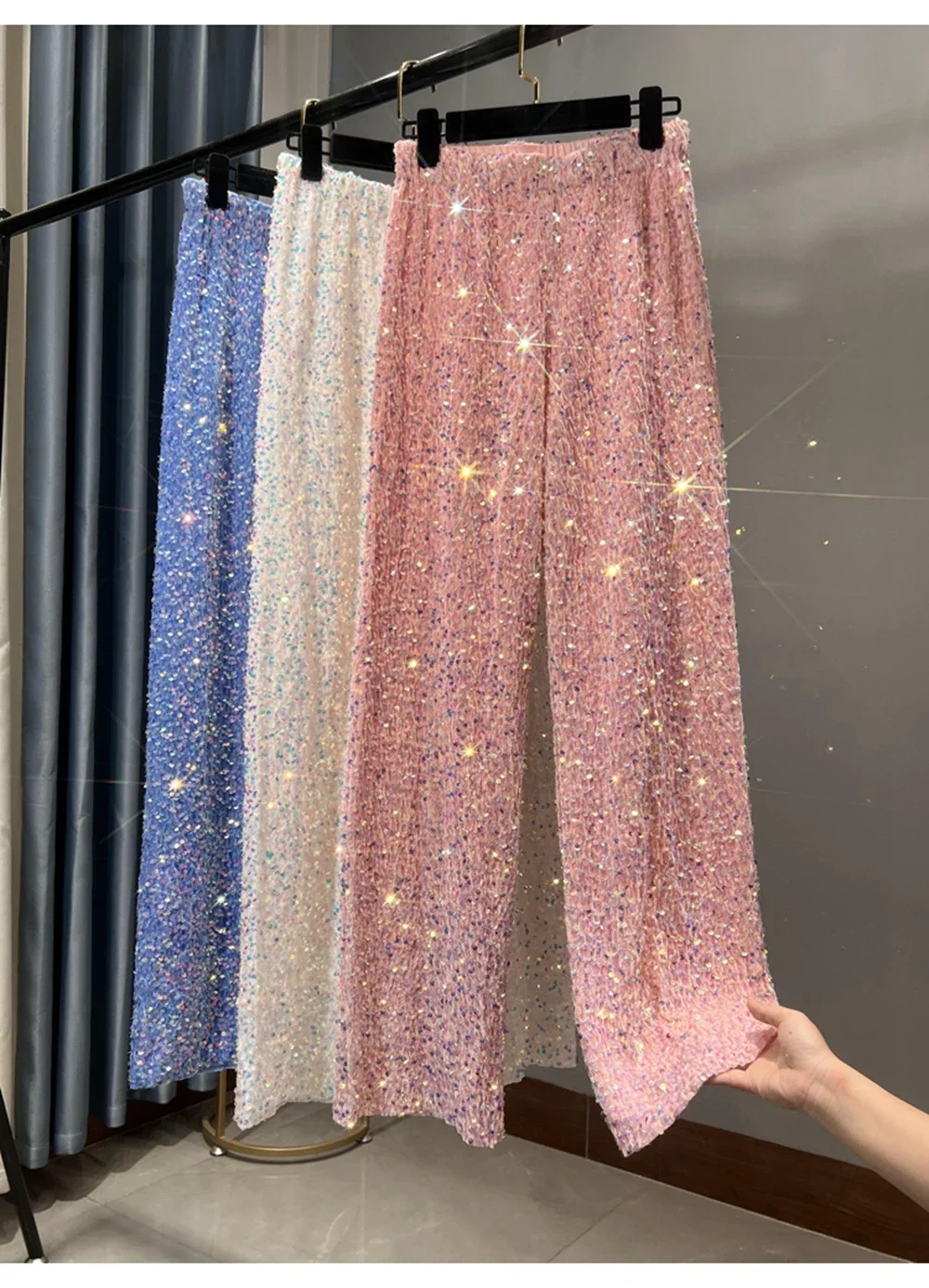 The new autumn and winter fashion elastic waist slimming glitter hair women's wide leg pants pink floor-length pants