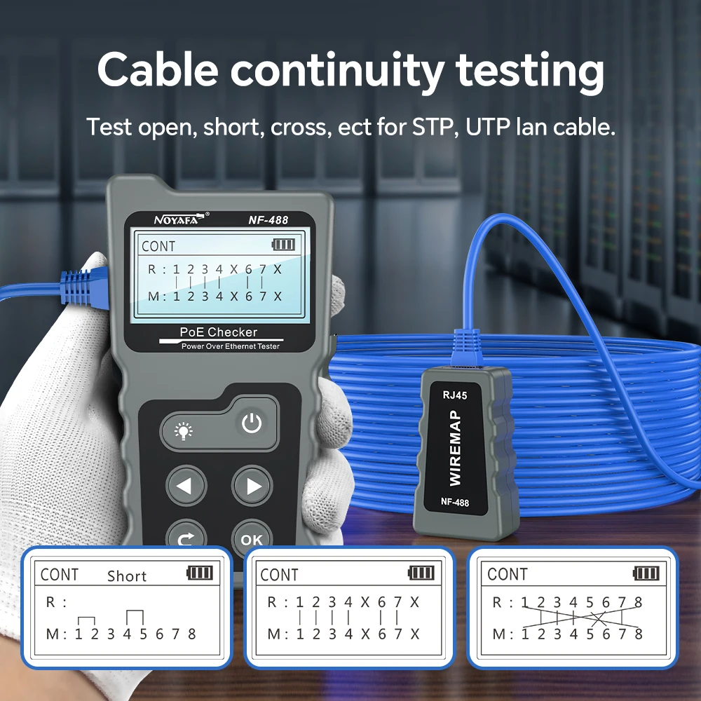 Noyafa LCD Network Cable Tester Lan Test PoE Checker NF-488 Inline PoE Voltage Current Tester With Cable Tracker the Ethernet network cable tester