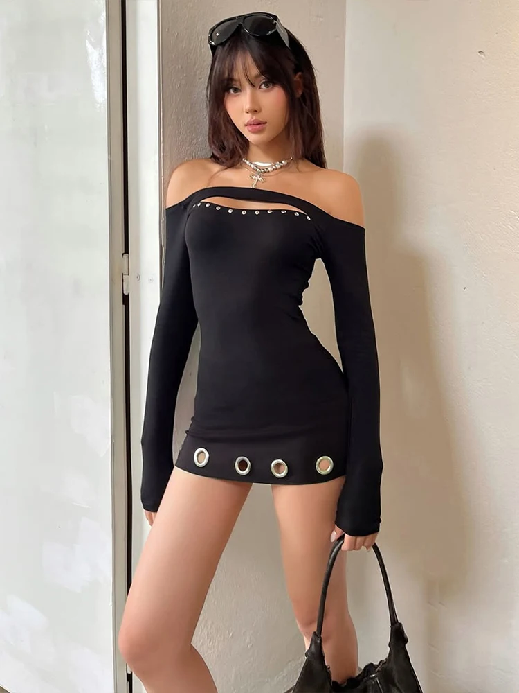Nibber Metal Ring Hollow Dress Women Slash Neck Full Sleeve Slim Stretch Sexy Party Music Festival Skinny Midnight Mini Bodycon