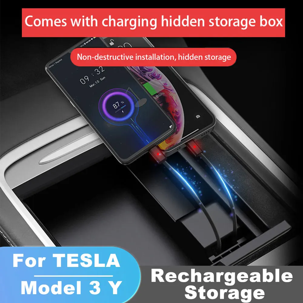 

Перезаряжаемый контейнер для хранения из АБС-пластика для Tesla Model 3 Y 21-23, Зарядные порты, центральный органайзер для консоли
