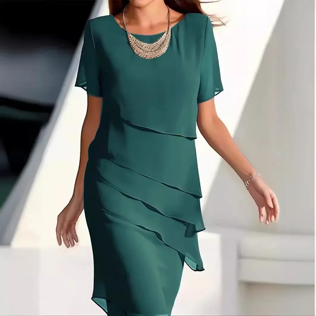 

Solid color short-sleeved glitter ruffled crewneck casual dress women clothing