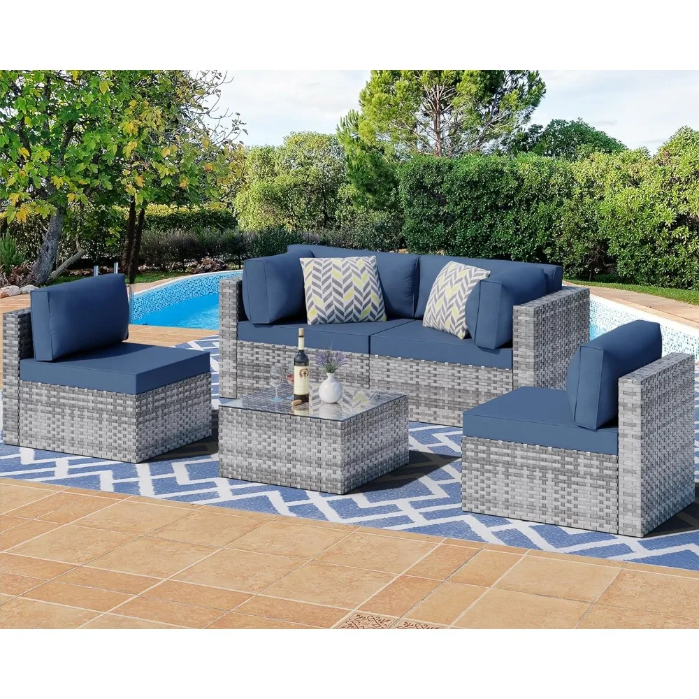 

5 Pieces Outdoor Patio Sectional Sofa Couch, Silver Gray PE Wicker Furniture Conversation Sets with Washable Cushions