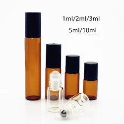 5pcs/lot 1ml 2ml 3ml 5ml 10ml Amber Thin Glass Roll on Bottle with Glass/Metal Ball Brown Roller Essential Oil Vials