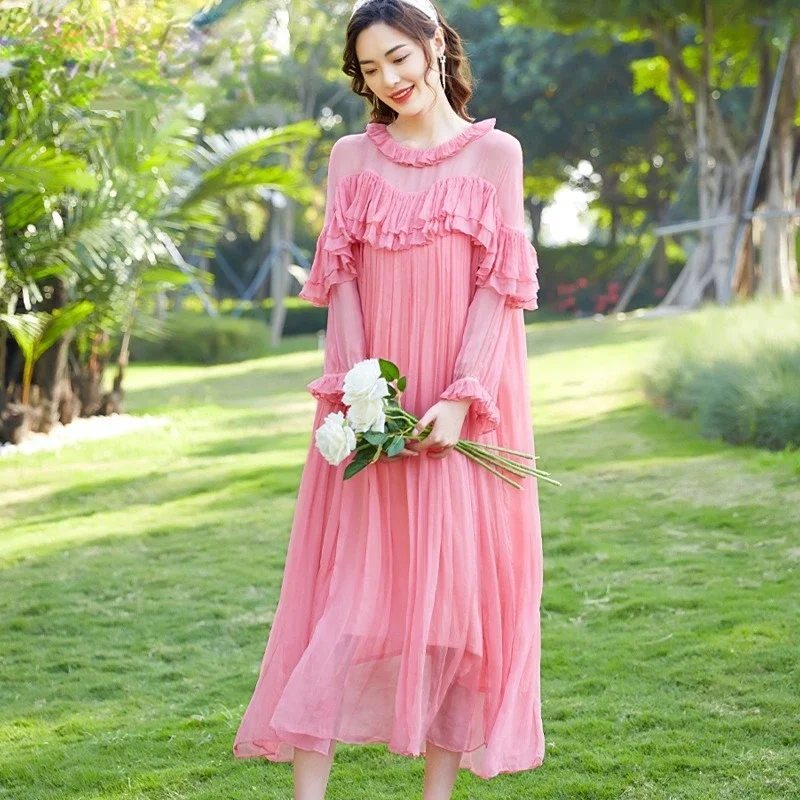 

Summer Dress Women Clothes High-end 2024 New Pleated Pink Dress 100% Real Mulberry Silk Dress Elegant Long Dresses For Women Zm