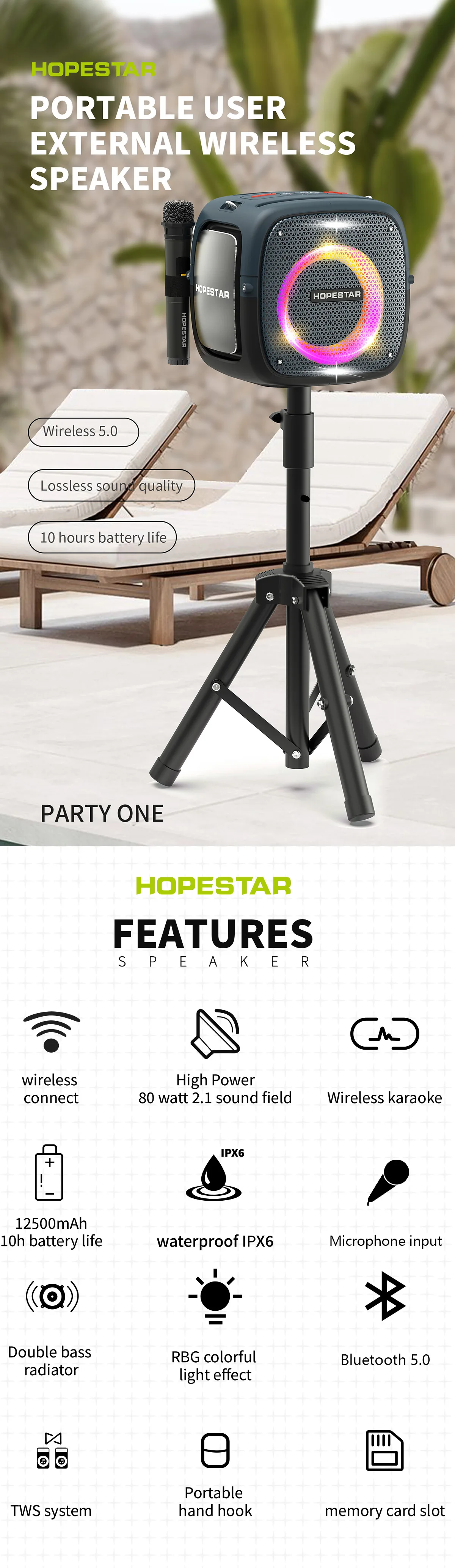 HOPESTAR-PARTYONE 80W High Power RGB Bluetooth Speaker description image