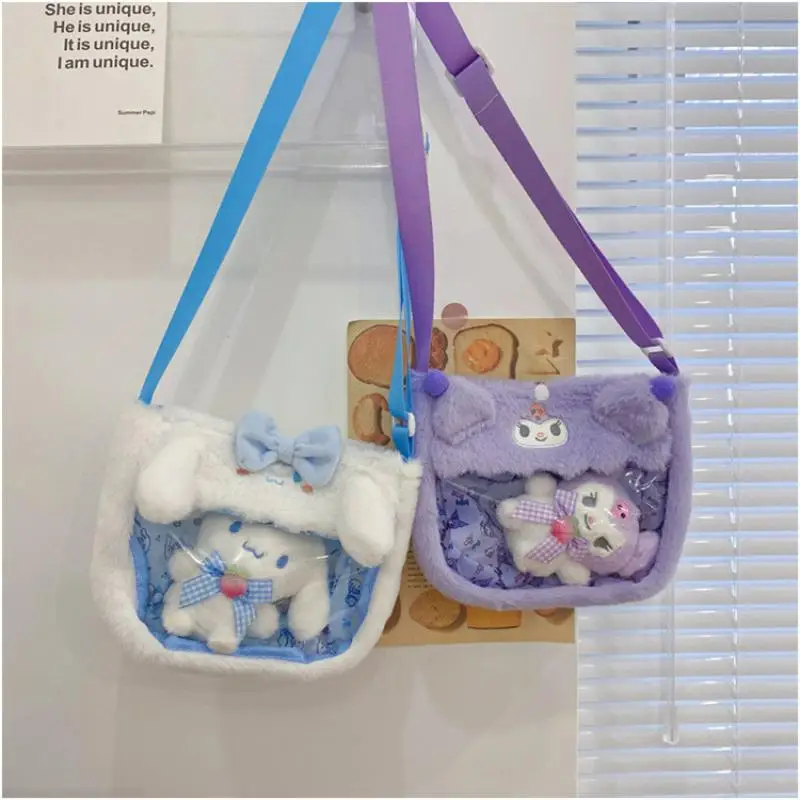 

Anime Sanrio Plush Bags Kuromi Melody Cinnamoroll Transparent Plush Crossbody Bag Cartoon Doll Pendant Birthday Christmas Gifts