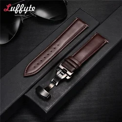 Elegant Leather Watchband with Automatic Butterfly Clasp - 22mm (Brown - Black)
