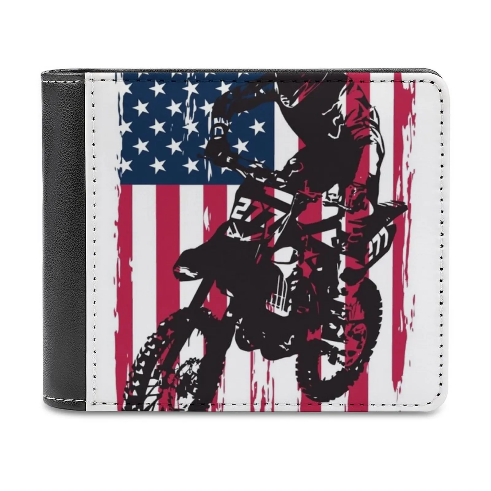 Vintage Patriotic Dirt Bike Motocross Usa American Flag Fashion Credit Card Wallet Leather