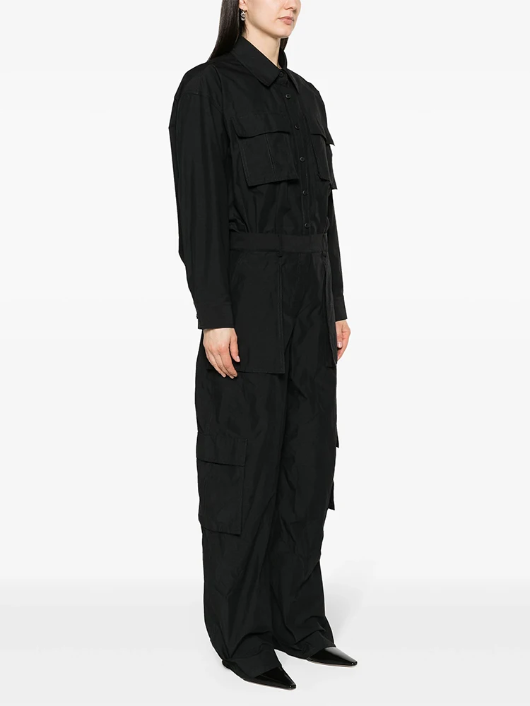 TWOTWINSTYLE Minimalist Spliced Pocket Jumpsuit For Women Lapel Long Sleeve High Waist Patchwork Button Loose Jumpsuits Female