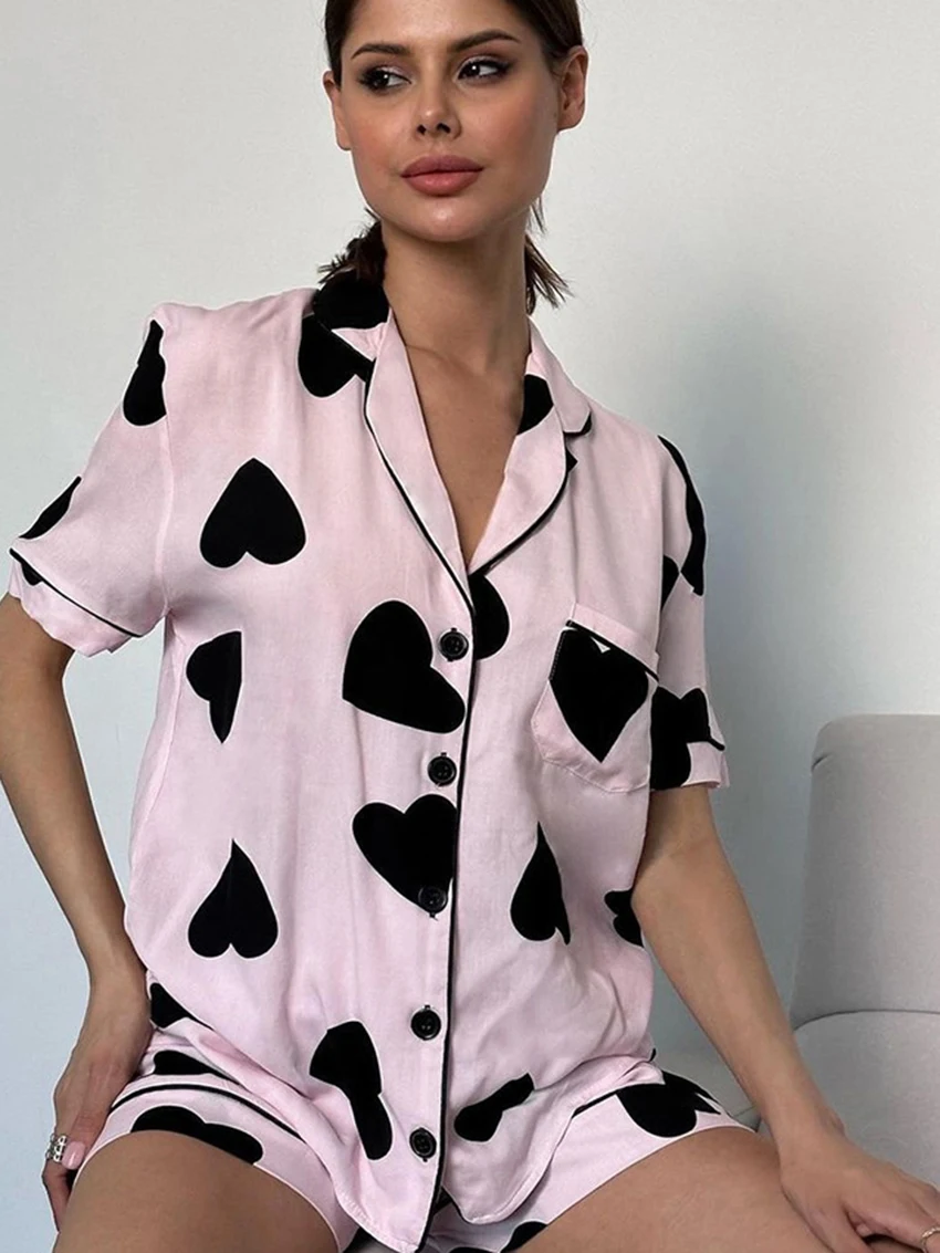 Marthaqiqi Printing Female Nightgowns Set Sexy Turn-Down Collar Sleepwear Half Sleeve Pajamas Shorts Casual Summer Home Clothes