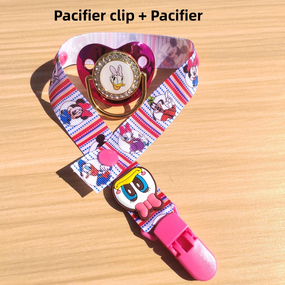 Luxury purple baby pacifier and cute duck print tether holder for someone newborn flat nipple pacifier food grade silicone baby
