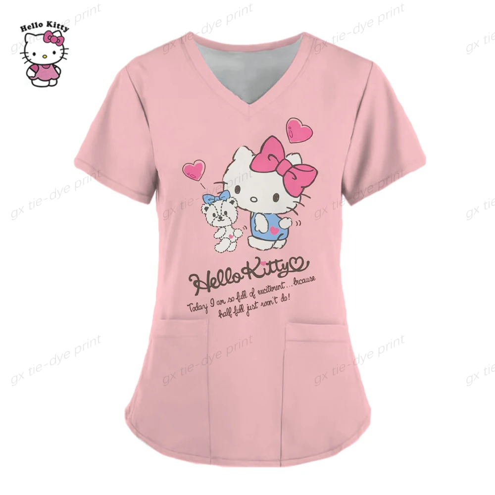 thumbnail image 1 of Uniformes médicos de Hello Kitty para mujer, camisetas de enfermera con estampado de dibujos animados de Hello Kitty, uniforme de novio para mascotas, ropa de cuidado de manga corta, 1 of 5