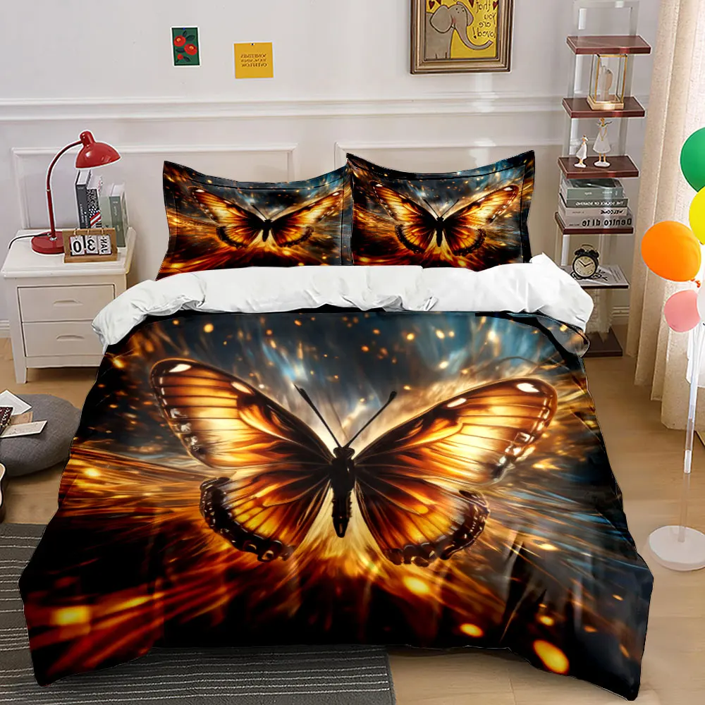 Golden Butterfly Bedding Set 3PC Magical Glowing Wings Print Duvet Cover with Pillowcases Art Style Bedding for Bedroom Decor 4