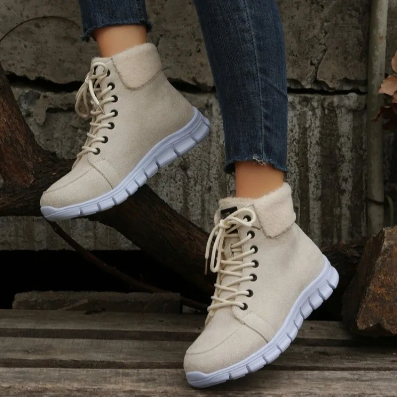 

2023 New Winter Women Ankle Snow Boots Suede Flat Heel Platform Warm Plush Rubber Lace-Up Simple Black Ladies Shoes goth shoes