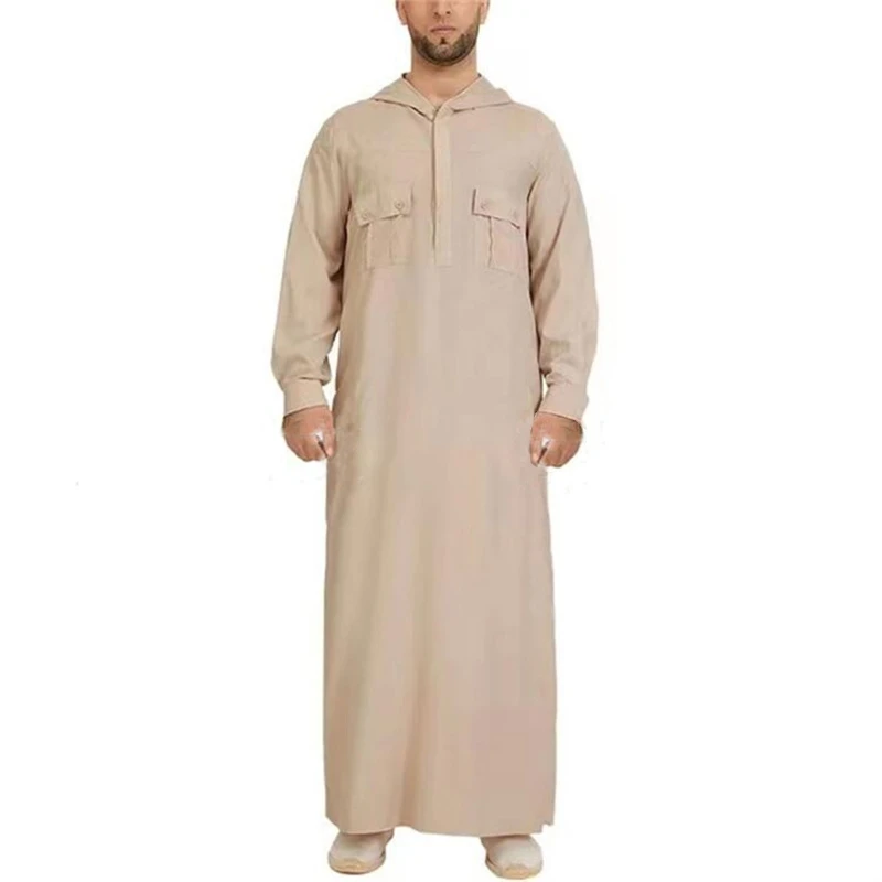 Muslim Hooded Robes Multi-pockets Kaftan Middle East Buttons Jubba Thobe for Men