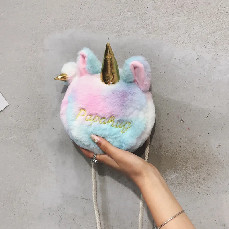 

2023New Mini Colorful Fur Bag Girls Winter Wool Dress Plush Clutch Messenger Bag Unicorn Crossbody Bag Kids Plush Bags for Girls