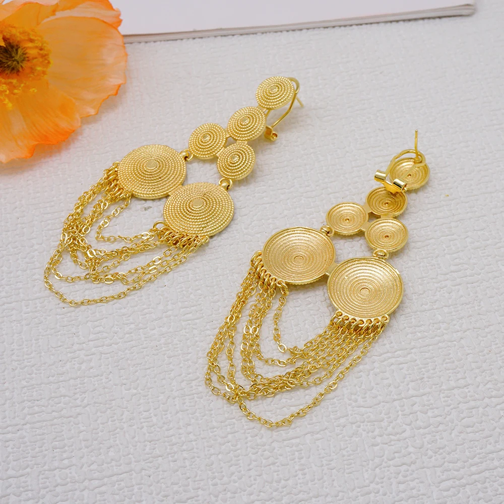 African Dubai Gold Color Luxury Large Drop Earring For Wedding Party Jewelry Arabic Indian Copper Long Earrings Tassel Pendant