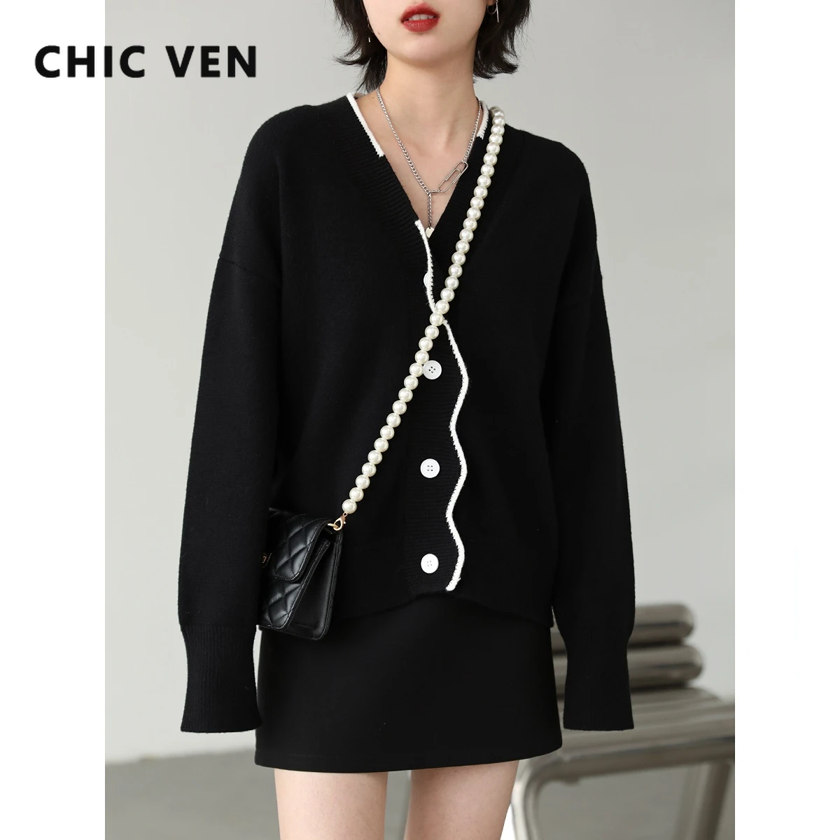 CHIC VEN 여성용 베이직 솔리드 루즈 카디건 스웨터, V넥 긴팔 상의, 레이디 코트, 봄 가을 2022