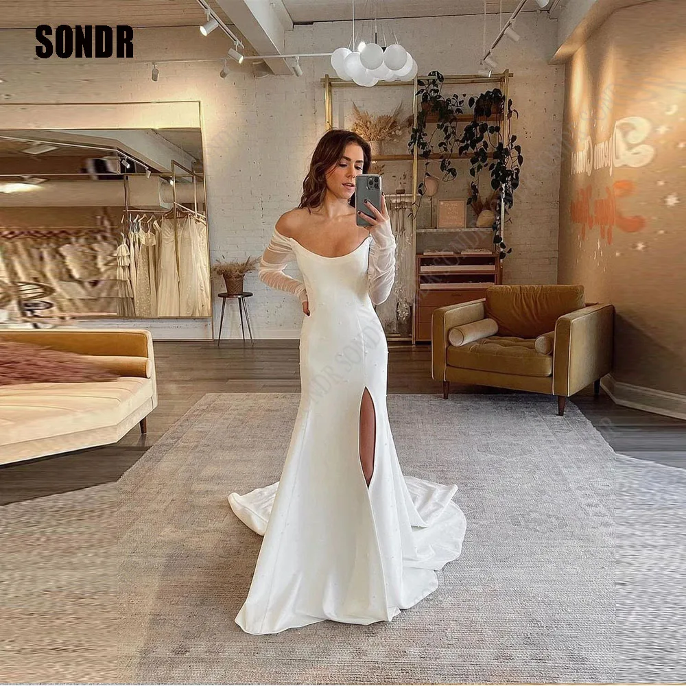 

SONDR Ivory Off-the-shoulder Wedding Dress Simple Plain Satin Bridal Gown Elegant Mermaid Sweep Train Vestido De Noiva for Bride